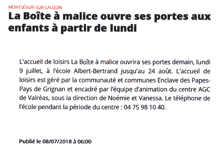 20180708 LA BOITE A MALICE OUVRE SES PORTES AUX ENFANTS A PARTIR DE LUNDI 9 juil