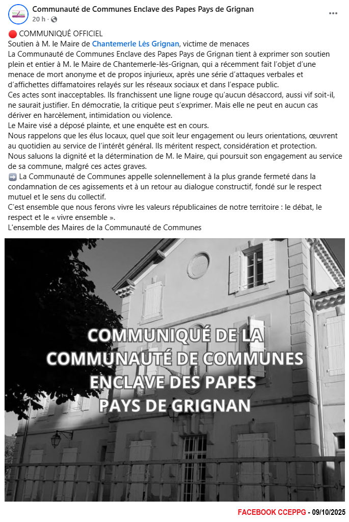 20251009 COMMUNIQUÉ MENANCES MAIRE CHANTEMERLE