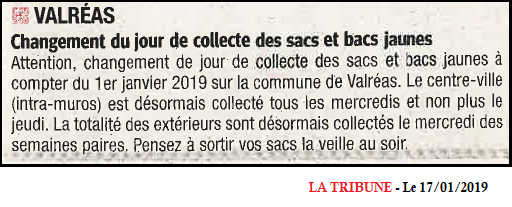 20190117 Changement du jour de collecte des sacs et bacs jaunes Valréas