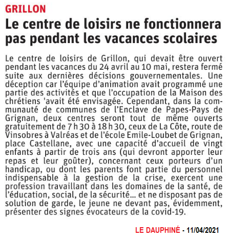 11042021 Le centre de loisirs ne fonctionnera pas pendant les vacances scolaires