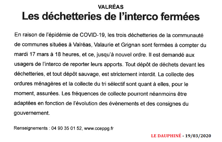 19032020 Les dechèteries de linterco fermées