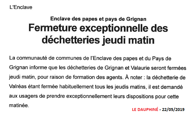 20190525 Fermeture excep. déchèt. jeudi matin