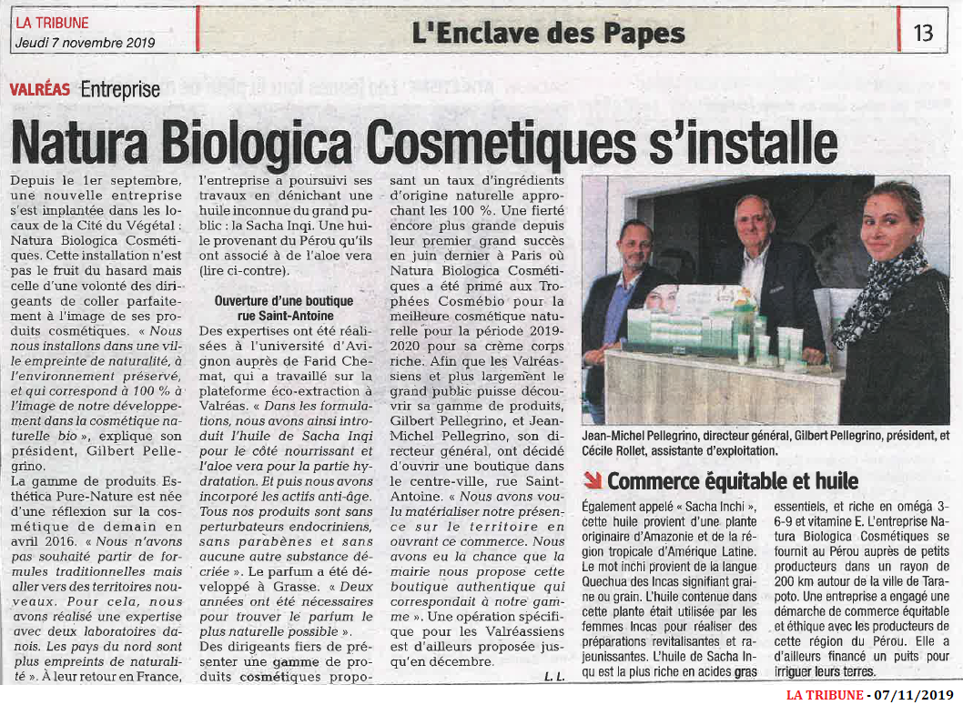 20191107 Natura Biologica Cosmétiques sinstalle