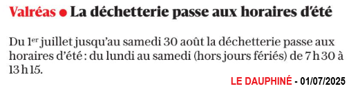 20250701 DECHETERIES HORAIRES ETE