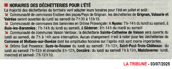 20250703 HORAIRES ETE DECHETERIE