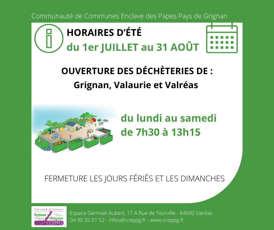 DECHETERIES HORAIRES ETE