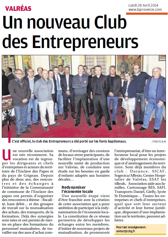 O 28042014 PROVENCE NV CLUB ENTREPRENEURS